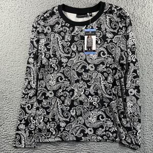 RAFAELLA PAISLEY TOP WOMENS LARGE BLACK WHITE LONG SLEEVE NWT NEW COTTON SHIRT